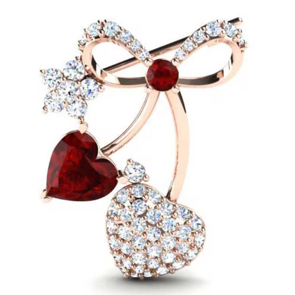 NWT Rose Gold Red Heart Bow Brooch Rhinestone Crystal Pavé Statement Pin Gift